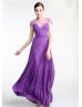 Cap Sleeves Purple Chiffon Sheer Back Unique Evening Dress